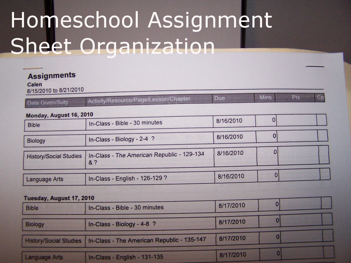 homeschool assignment sheet organization